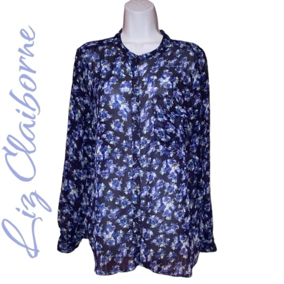 Liz Claiborne Sheer Blue Floral Button Down Blouse Top - Women’s Large - Picture 1 of 11